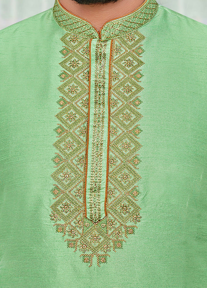 2 Pc Light Green Dupion Silk Kurta Pajama Set - Indian Silk House Agencies