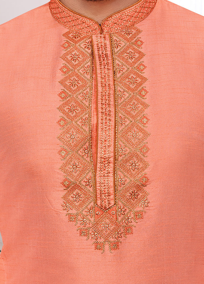 2 Pc Peach Dupion Silk Kurta Pajama Set - Indian Silk House Agencies