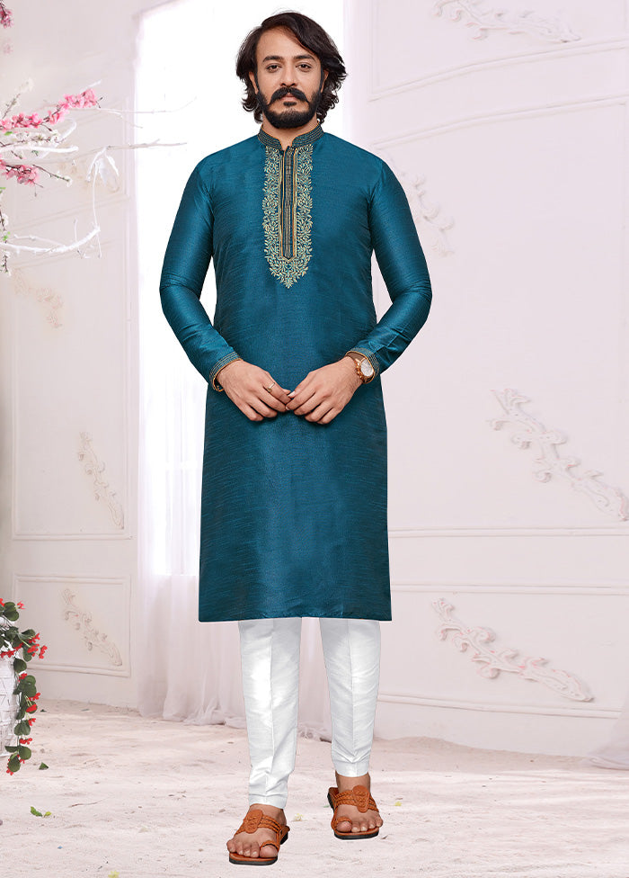 2 Pc Teal Blue Dupion Silk Kurta Pajama Set - Indian Silk House Agencies