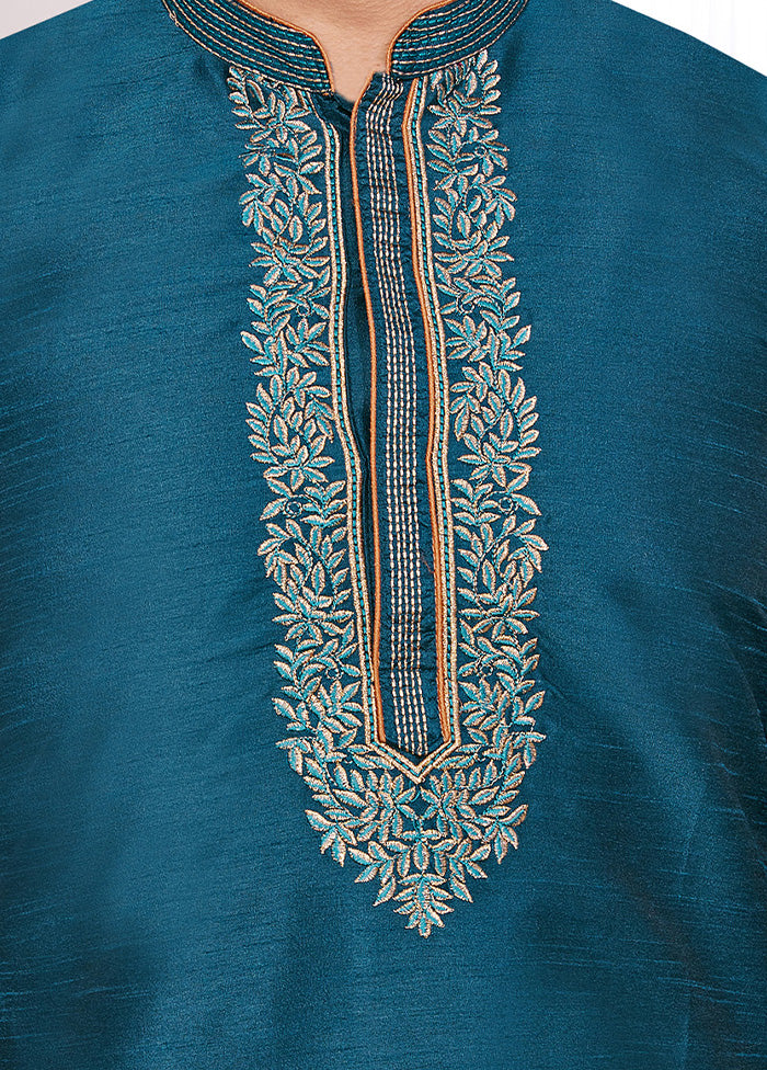 2 Pc Teal Blue Dupion Silk Kurta Pajama Set - Indian Silk House Agencies