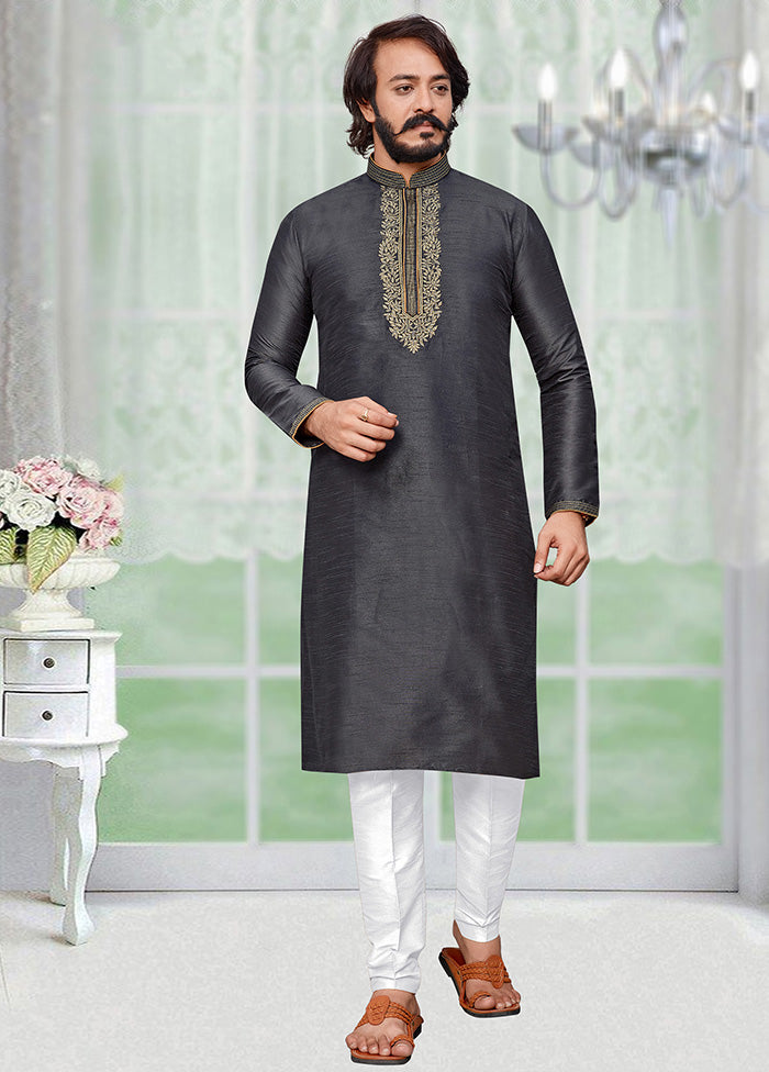 2 Pc Dark Grey Dupion Silk Kurta Pajama Set - Indian Silk House Agencies