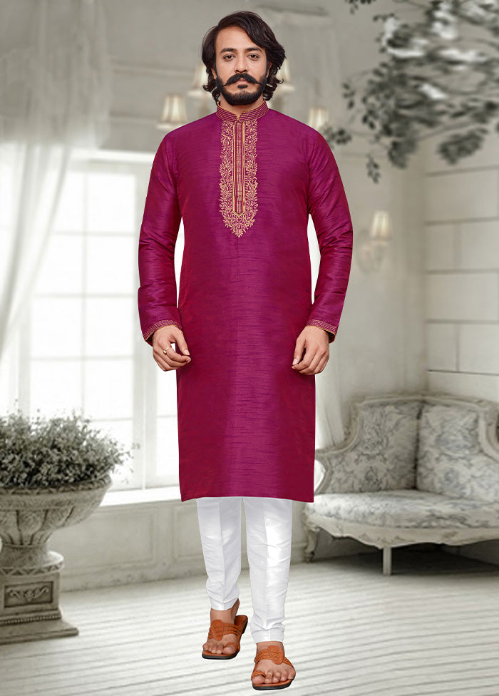 2 Pc Magenta Dupion Silk Kurta Pajama Set - Indian Silk House Agencies