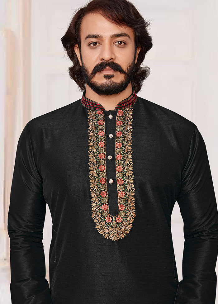 2 Pc Black Dupion Silk Kurta Pajama Set - Indian Silk House Agencies