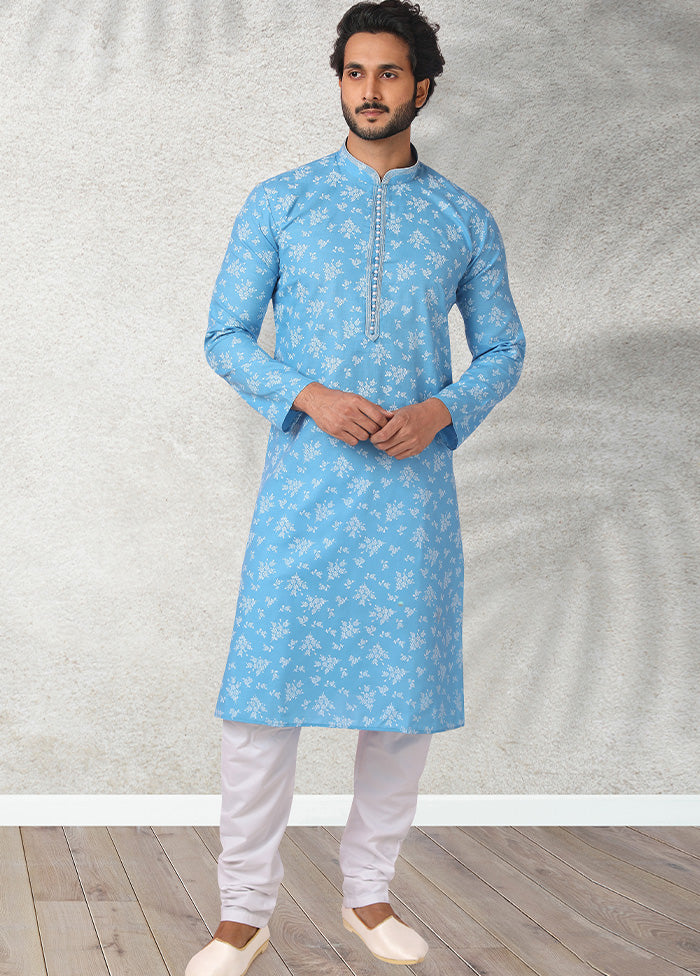 2 Pc Sky Blue Cotton Kurta Pajama Set - Indian Silk House Agencies