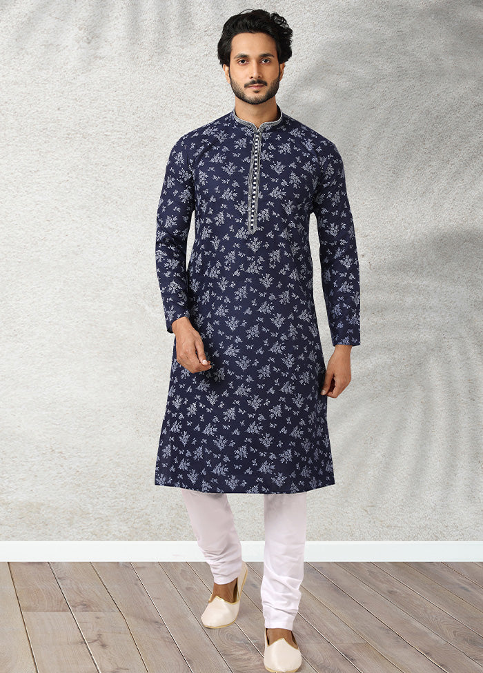 2 Pc Navy Blue Cotton Kurta Pajama Set - Indian Silk House Agencies