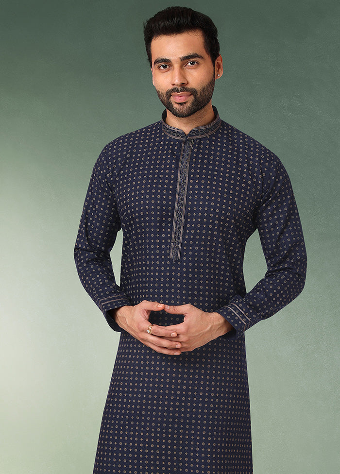 2 Pc Dark Blue Cotton Kurta Pajama Set - Indian Silk House Agencies