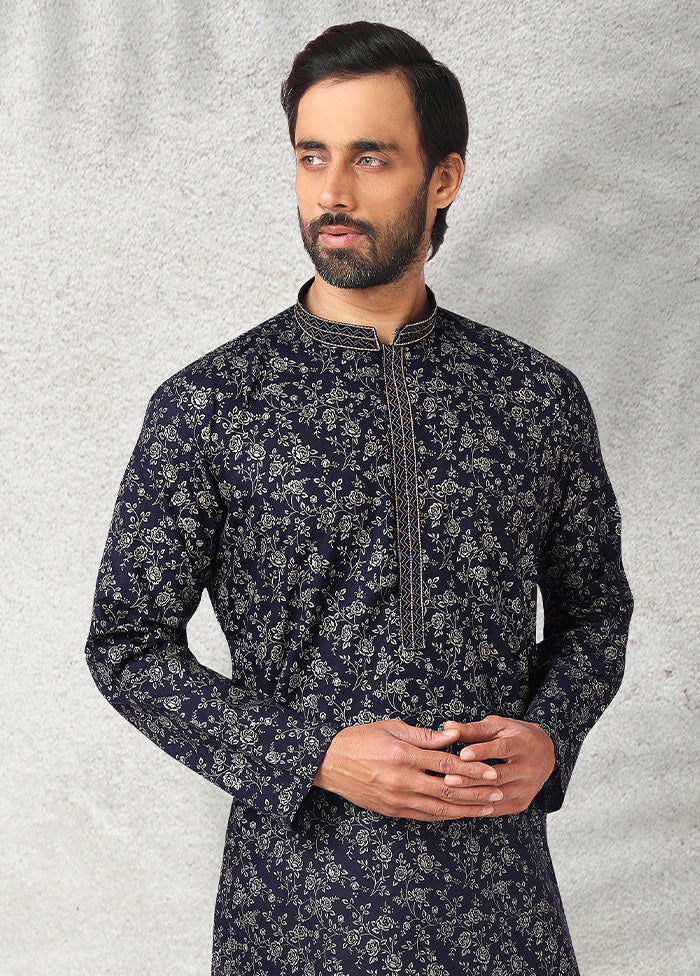 2 Pc Dark Blue Cotton Kurta Pajama Set - Indian Silk House Agencies