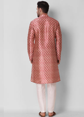 2 Pc Rust Dupion Silk Kurta Pajama Set - Indian Silk House Agencies