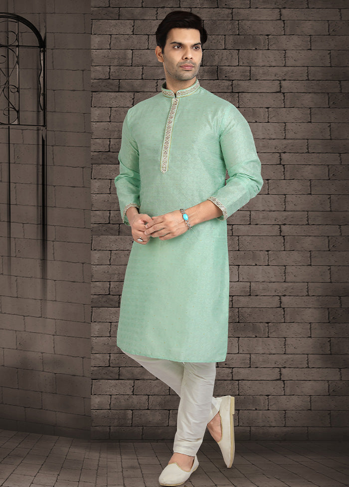 2 Pc Sea Green Dupion Silk Kurta Pajama Set - Indian Silk House Agencies