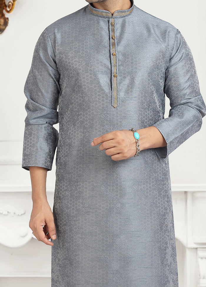 2 Pc Grey Dupion Silk Kurta Pajama Set - Indian Silk House Agencies