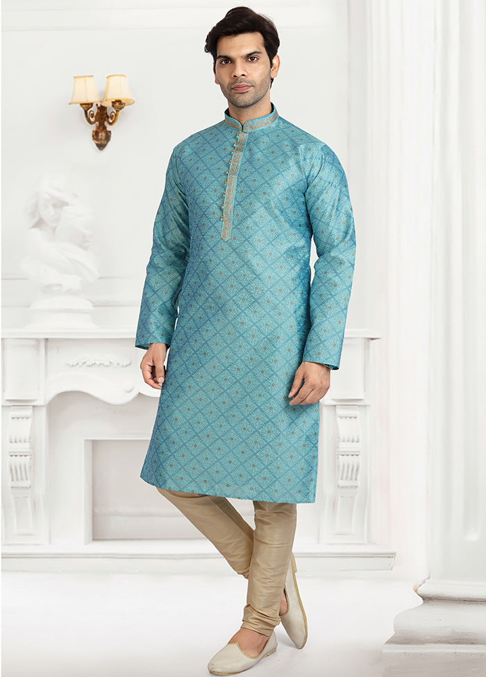 2 Pc Blue Dupion Silk Kurta Pajama Set - Indian Silk House Agencies