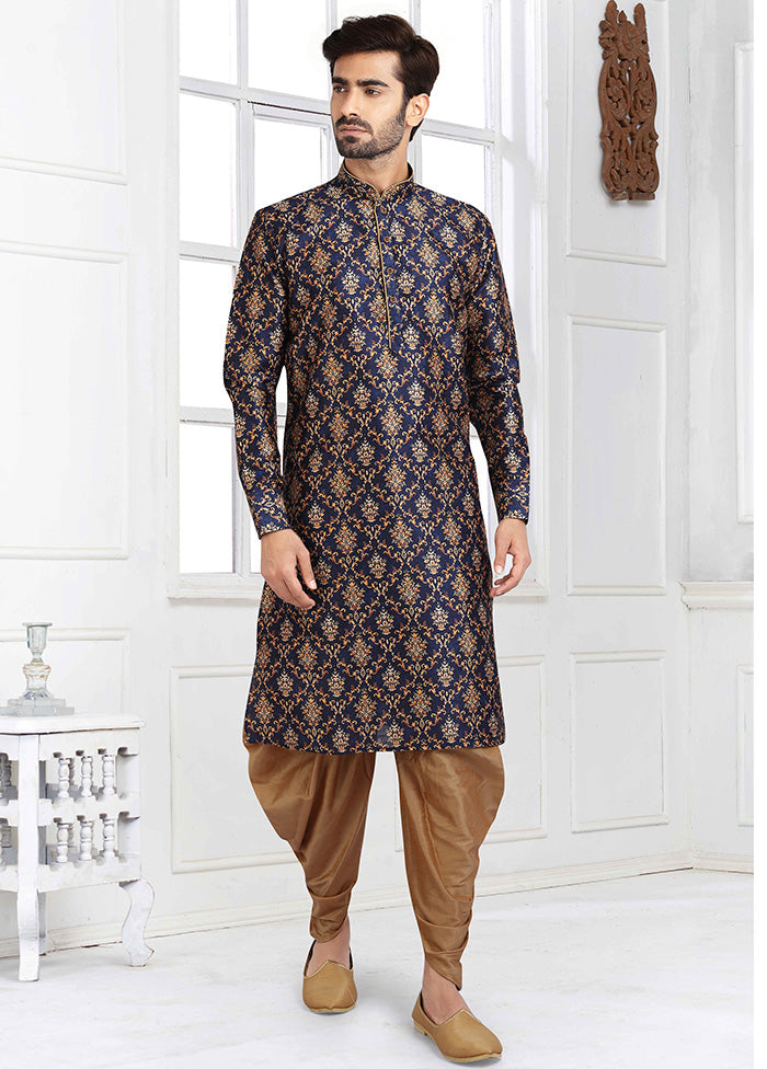 2 Pc Blue Dupion Silk Kurta Pajama Set - Indian Silk House Agencies