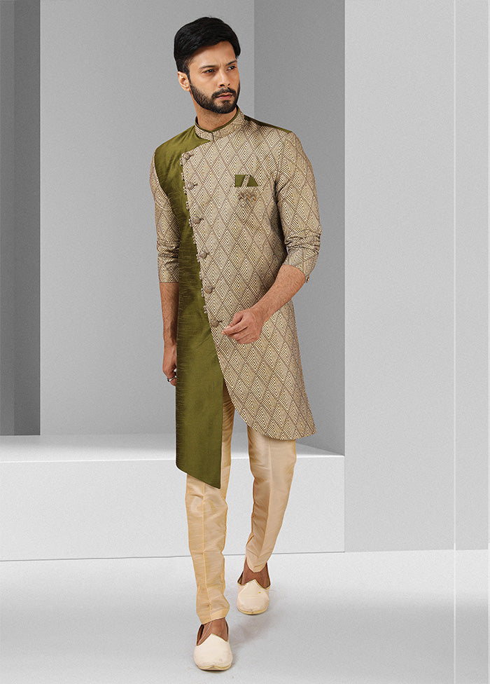 2 Pc Mehendi Dupion Silk Kurta Pajama Set - Indian Silk House Agencies