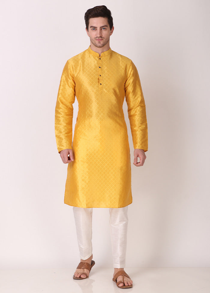 2 Pc Yellow Dupion Silk Kurta Pajama Set - Indian Silk House Agencies