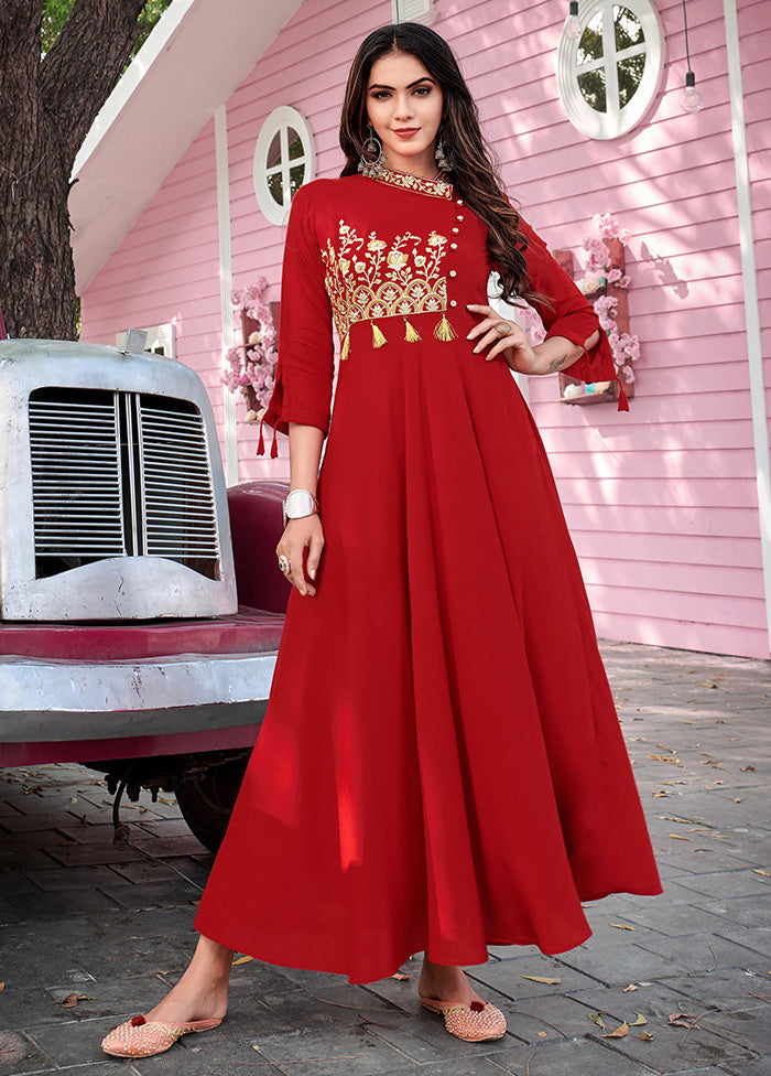 Red Readymade Rayon Long Kurti - Indian Silk House Agencies