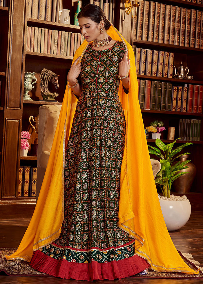 Green Readymade Cotton Gown With Dupatta - Indian Silk House Agencies