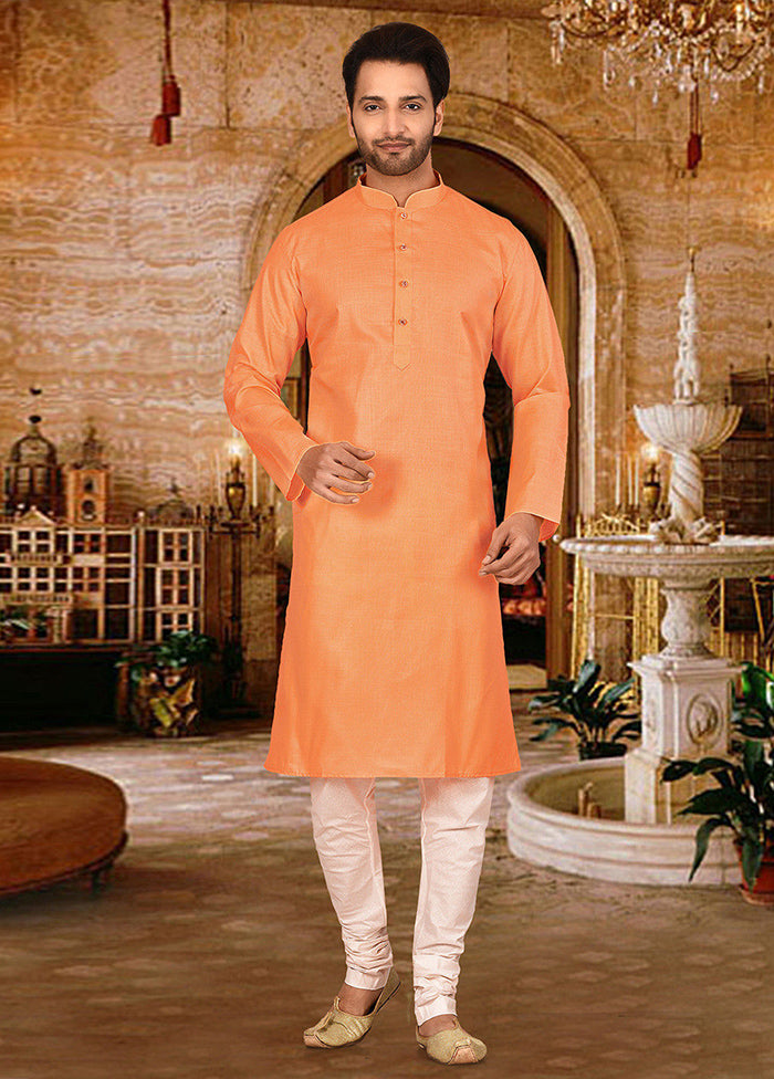 2 Pc Peach Cotton Kurta And Pajama Set - Indian Silk House Agencies