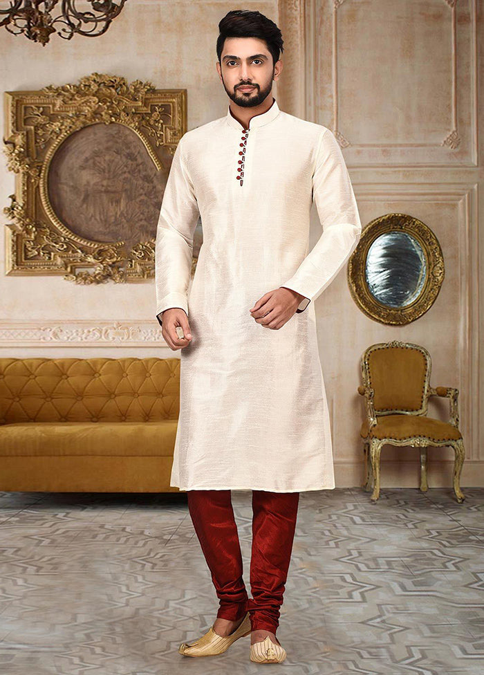 2 Pc White Silk Kurta And Pajama Set - Indian Silk House Agencies