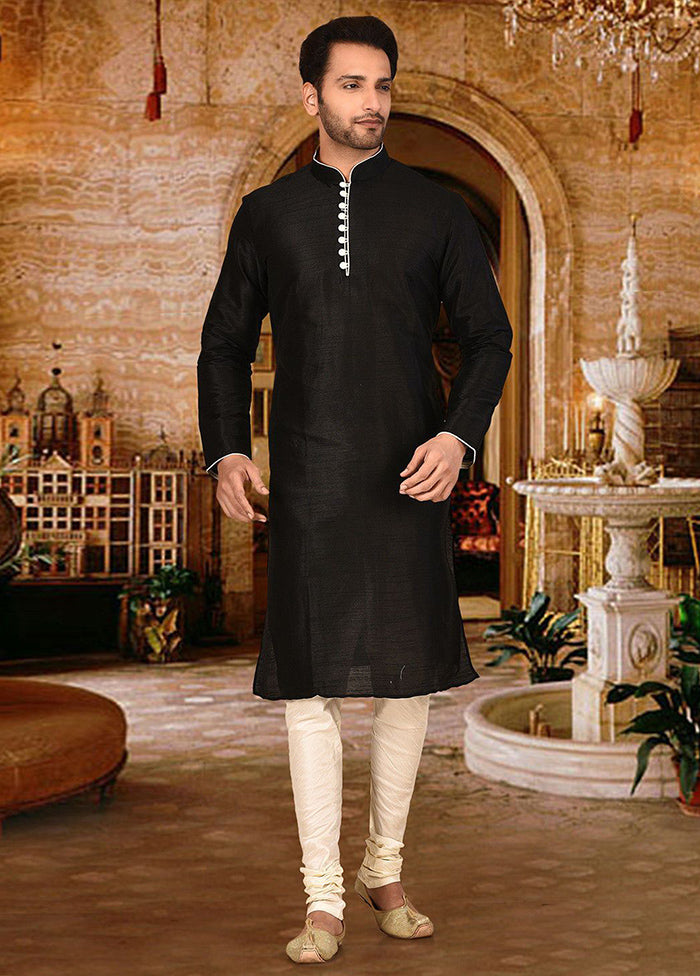 2 Pc Black Silk Kurta And Pajama Set - Indian Silk House Agencies
