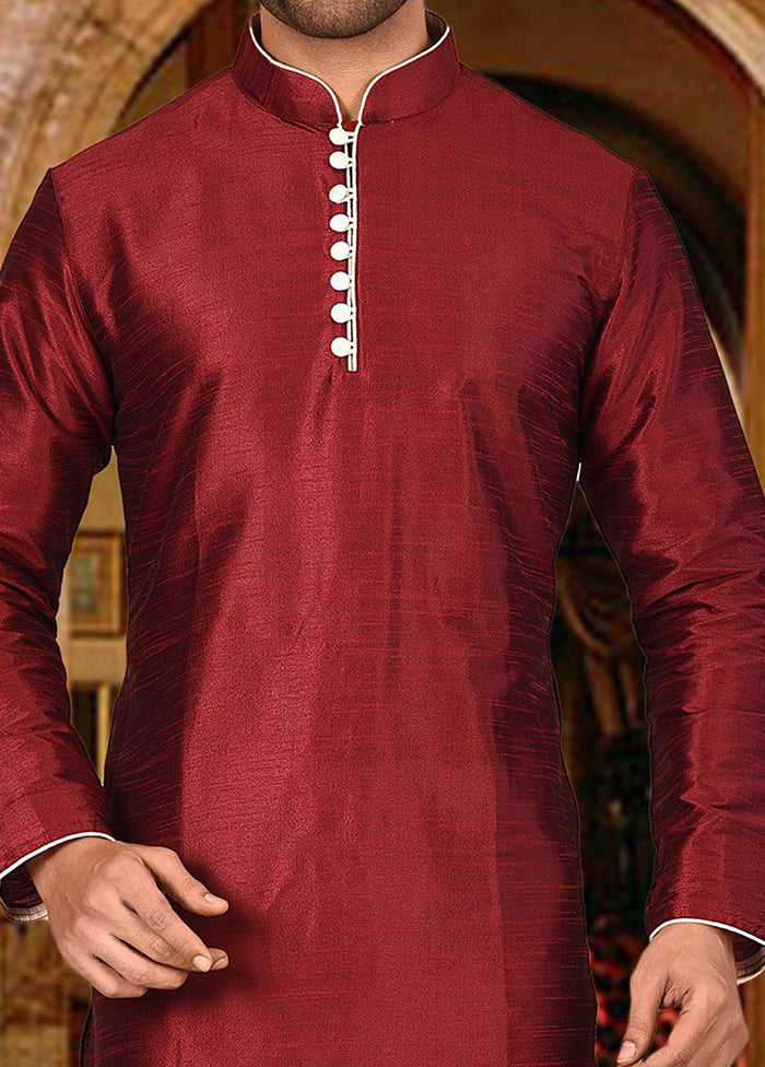 2 Pc Red Silk Kurta And Pajama Set - Indian Silk House Agencies