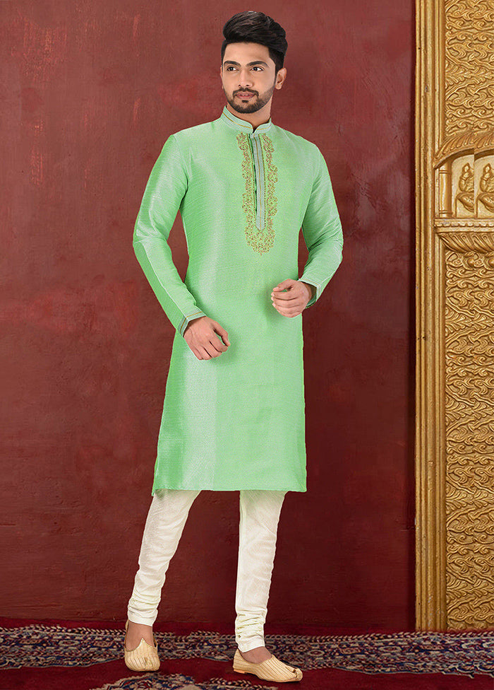 2 Pc Green Silk Kurta And Pajama Set - Indian Silk House Agencies
