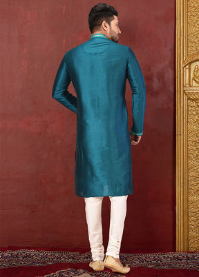 2 Pc Teal Green Silk Kurta And Pajama Set - Indian Silk House Agencies