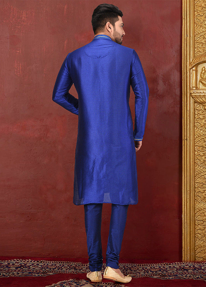 2 Pc Royal Blue Dupion Silk Kurta Pajama Set - Indian Silk House Agencies