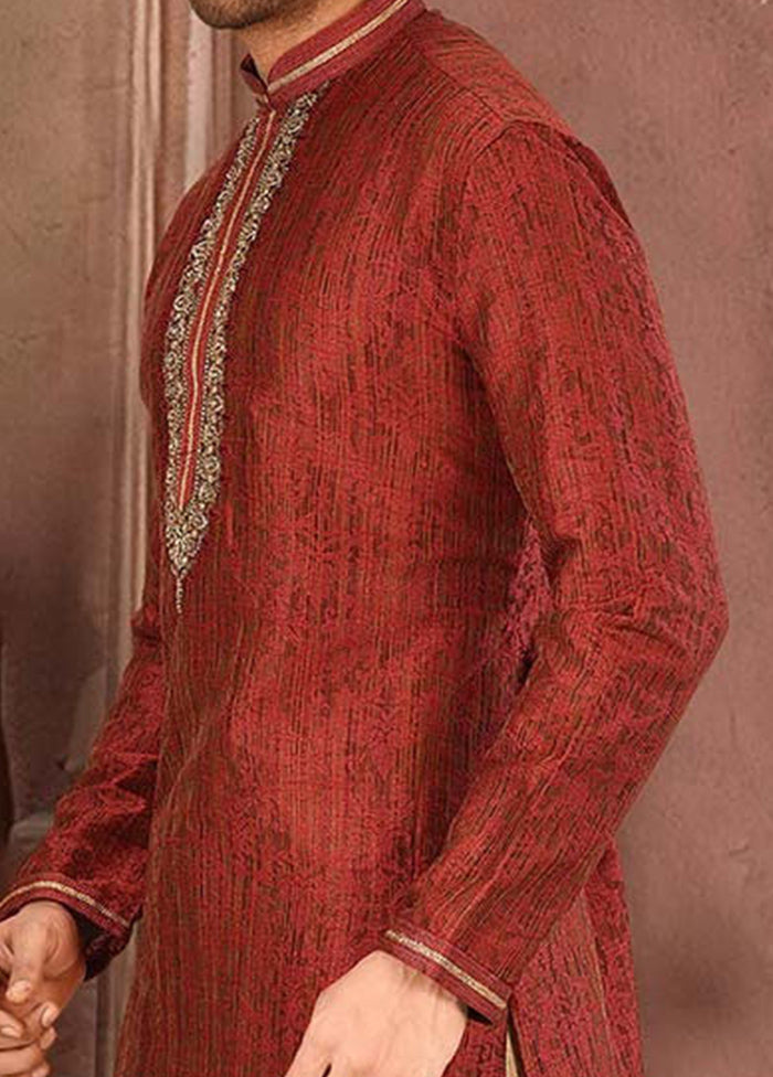 2 Pc Red Silk Kurta And Pajama Set - Indian Silk House Agencies