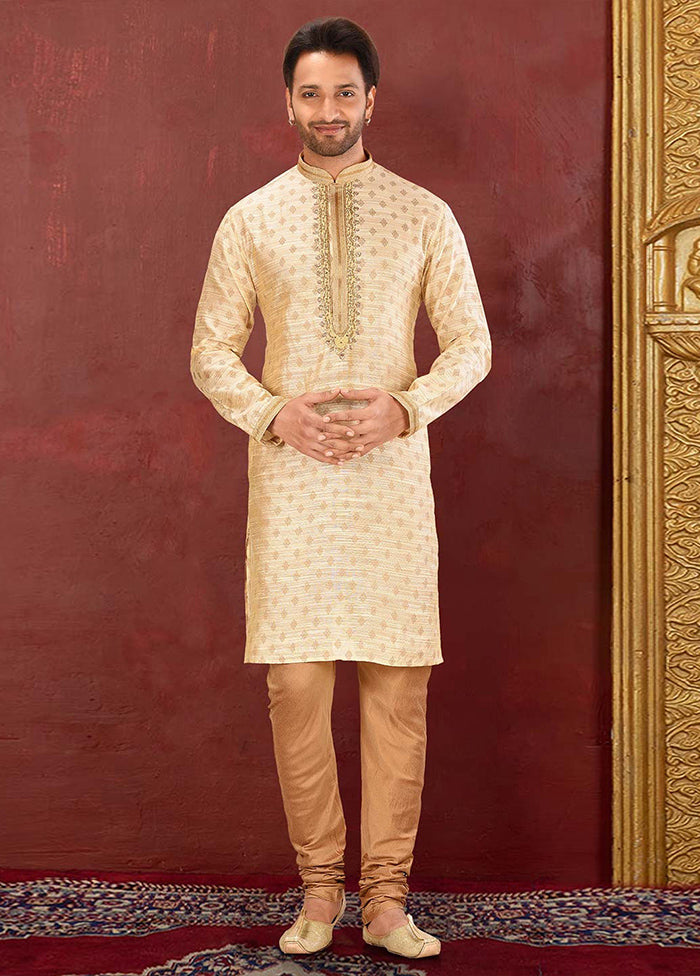 2 Pc Yellow Silk Kurta And Pajama Set - Indian Silk House Agencies