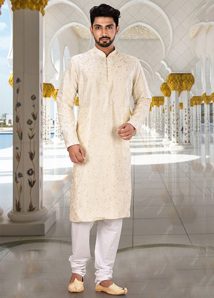 2 Pc Off White Silk Kurta And Pajama Set - Indian Silk House Agencies