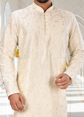 2 Pc Off White Silk Kurta And Pajama Set - Indian Silk House Agencies