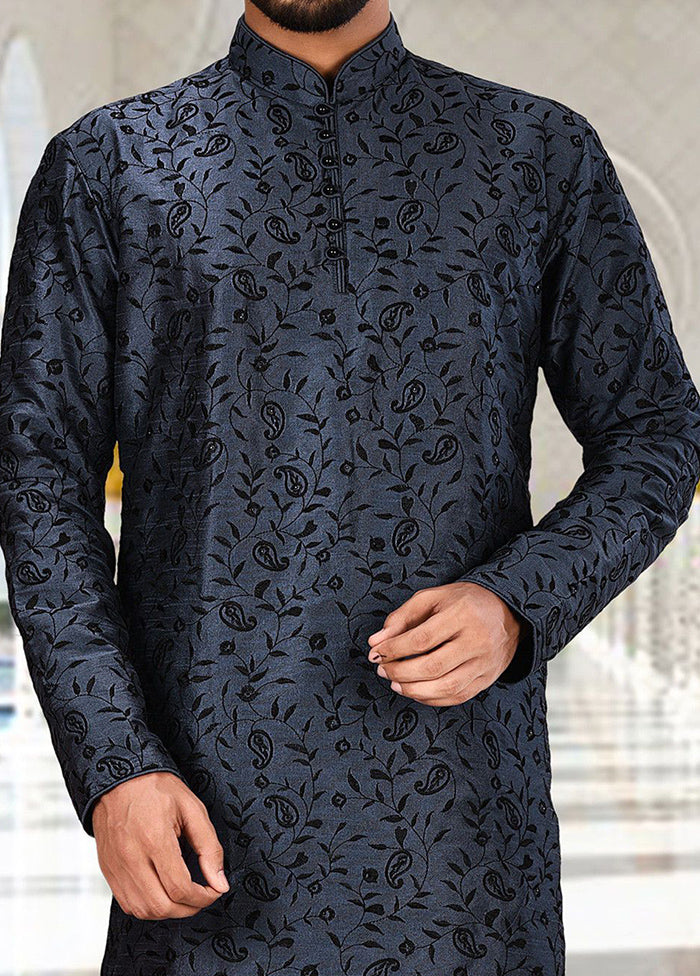2 Pc Blue Silk Kurta And Pajama Set - Indian Silk House Agencies