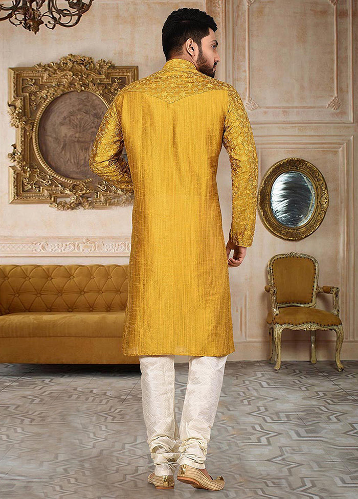 2 Pc Mustard Silk Kurta And Pajama Set - Indian Silk House Agencies