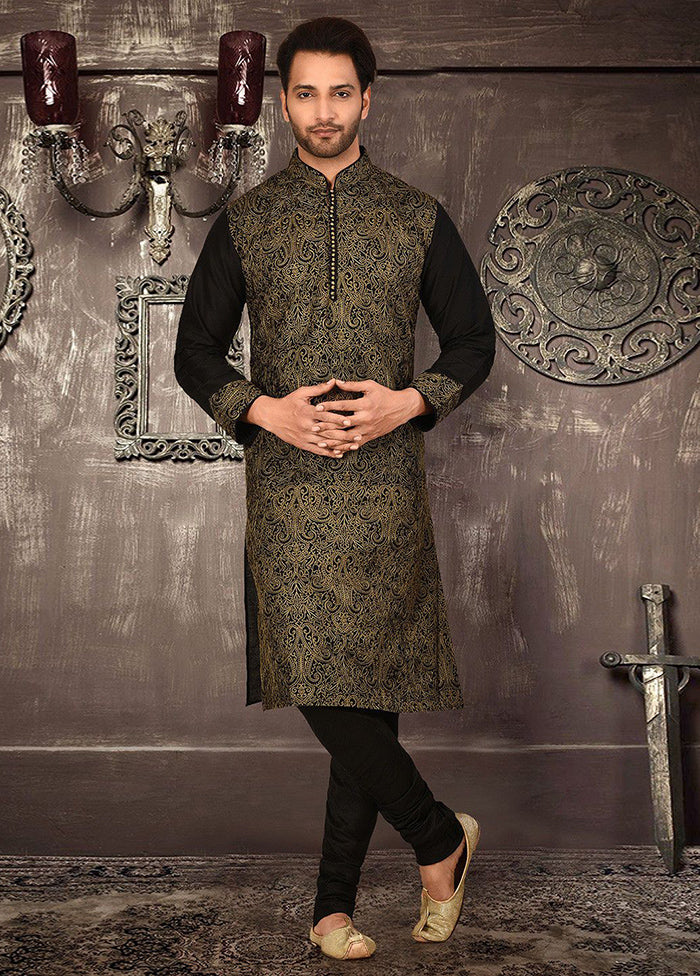 2 Pc Black Cotton Kurta And Pajama Set - Indian Silk House Agencies