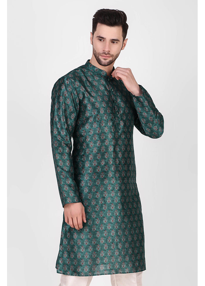 2 Pc Teal Dupion Silk Kurta Pajama Set - Indian Silk House Agencies