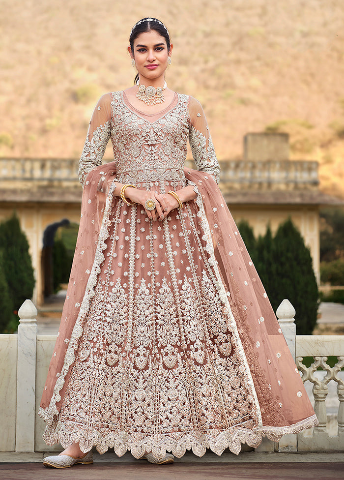 3 Pc Peach Semi Stitched Net Suit Set - Indian Silk House Agencies