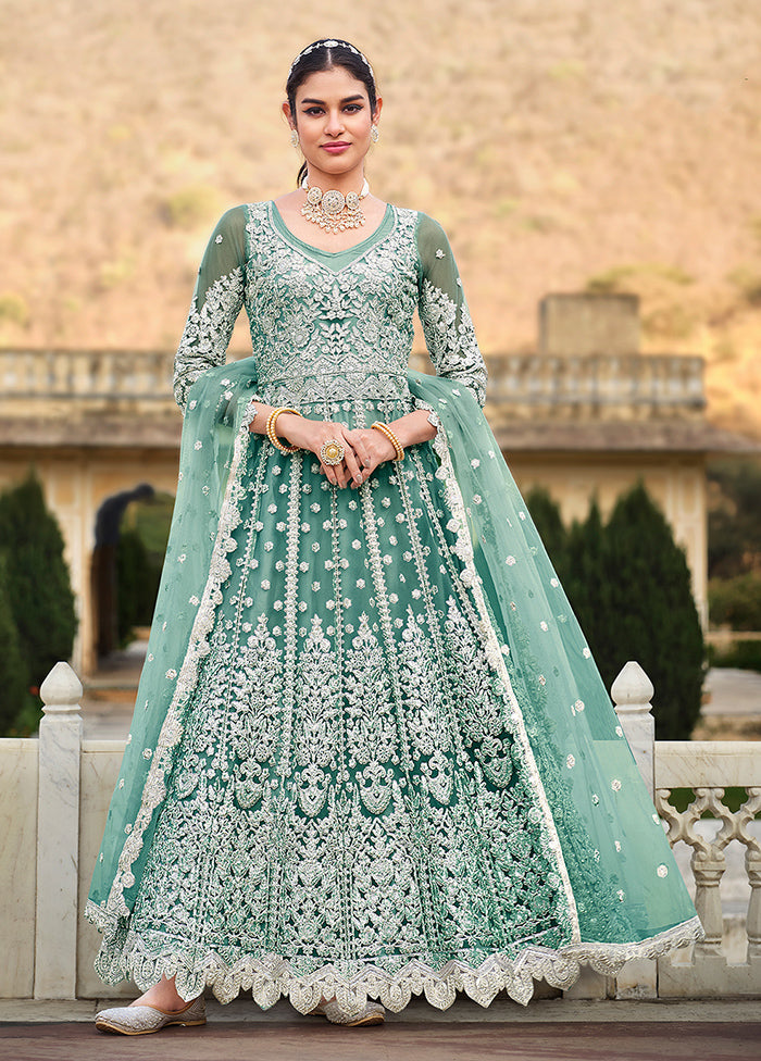 3 Pc Green Semi Stitched Net Suit Set - Indian Silk House Agencies