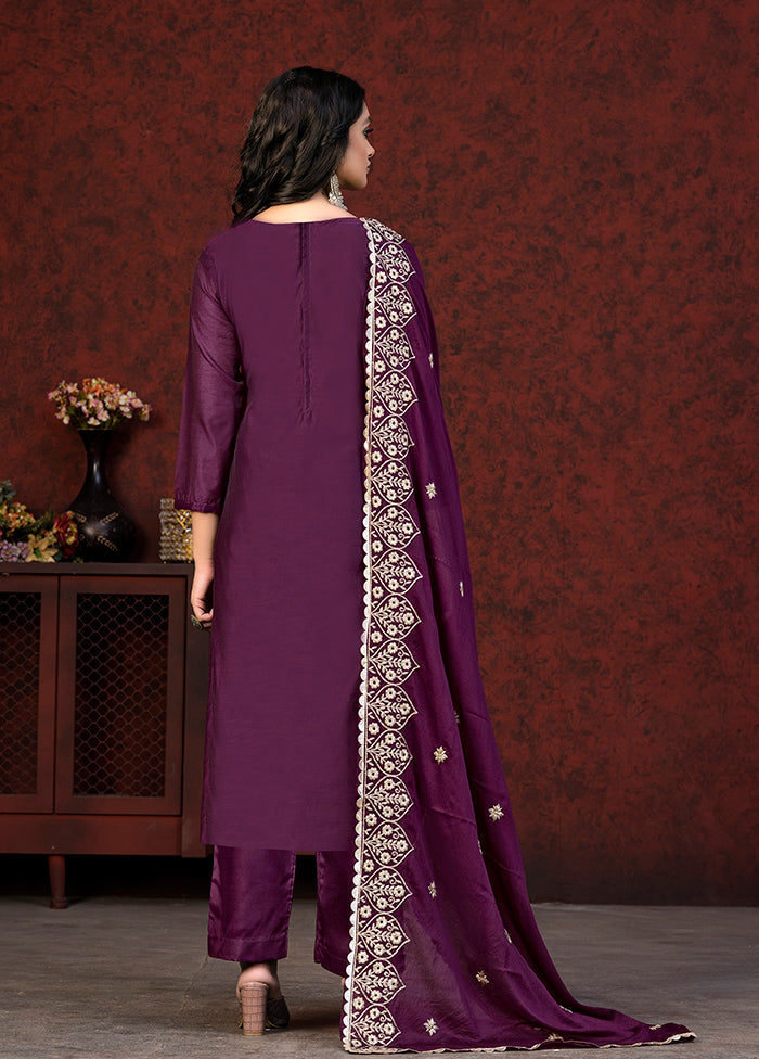 3 Pc Wine Semi Stitched Chanderi Suit Set - Indian Silk House Agencies