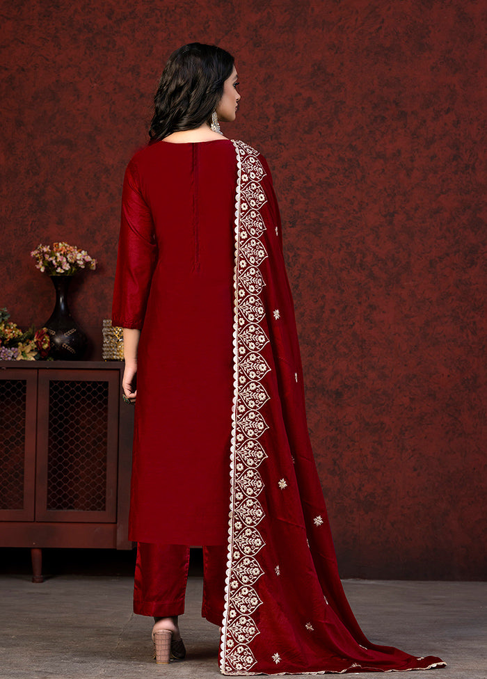 3 Pc Maroon Semi Stitched Chanderi Suit Set - Indian Silk House Agencies