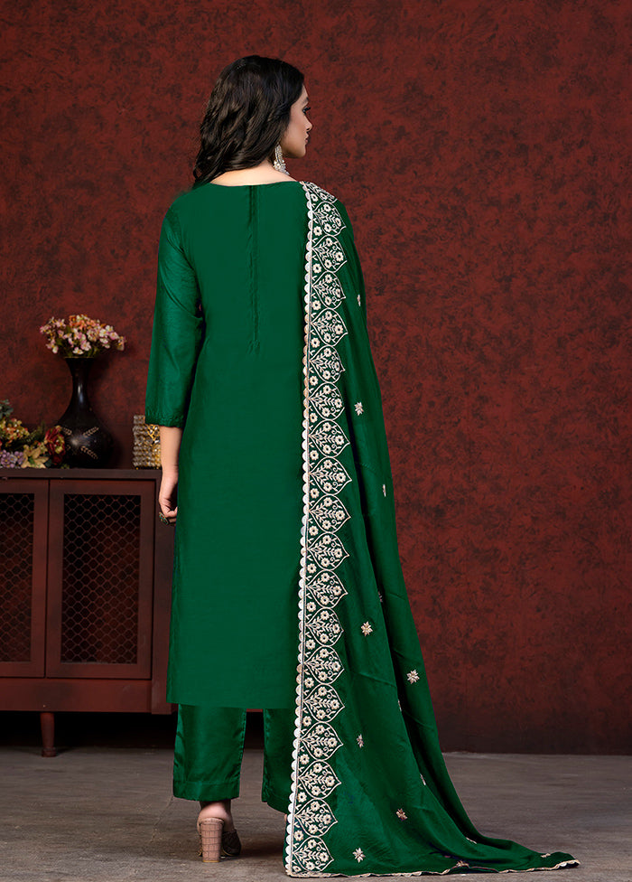 3 Pc Green Semi Stitched Chanderi Suit Set - Indian Silk House Agencies