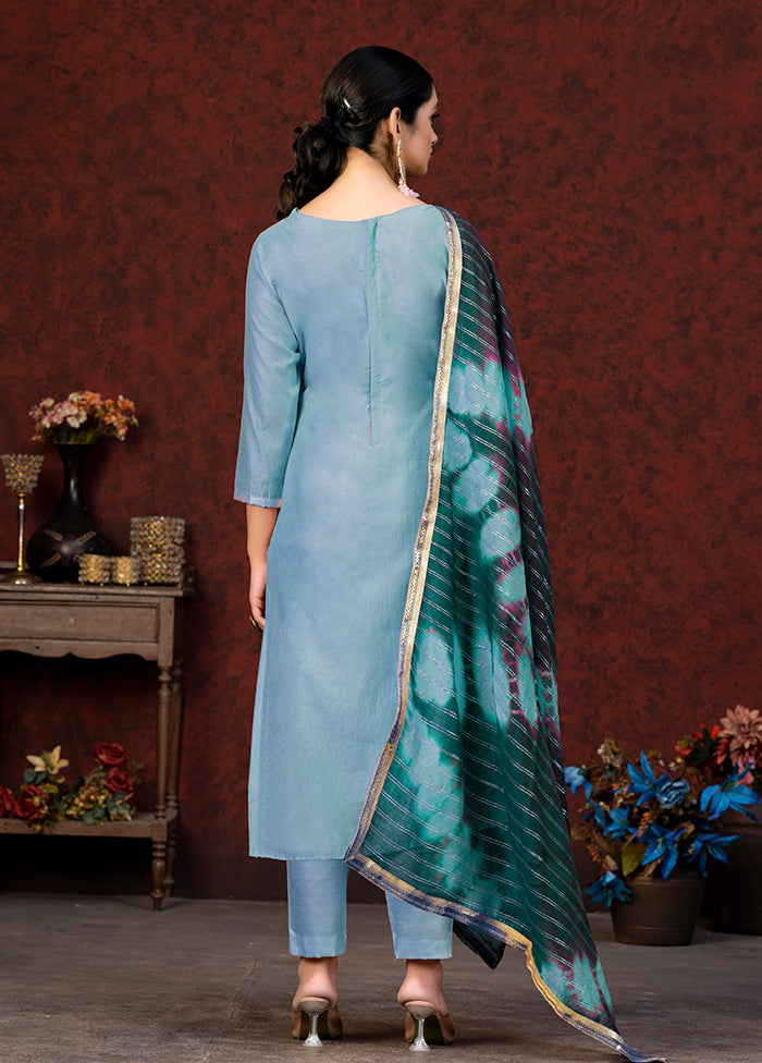 3 Pc Sky Blue Semi Stitched Chanderi Suit Set - Indian Silk House Agencies