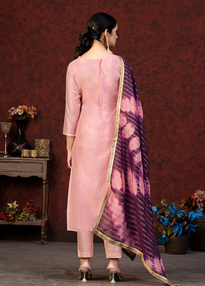 3 Pc Peach Semi Stitched Chanderi Suit Set - Indian Silk House Agencies