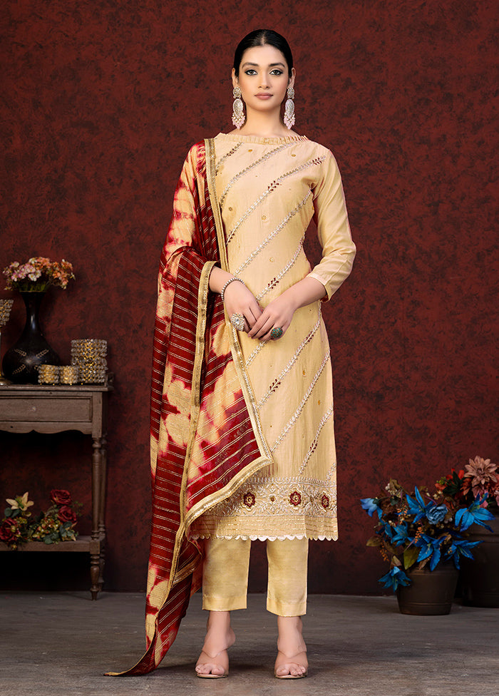 3 Pc Yellow Semi Stitched Chanderi Suit Set - Indian Silk House Agencies