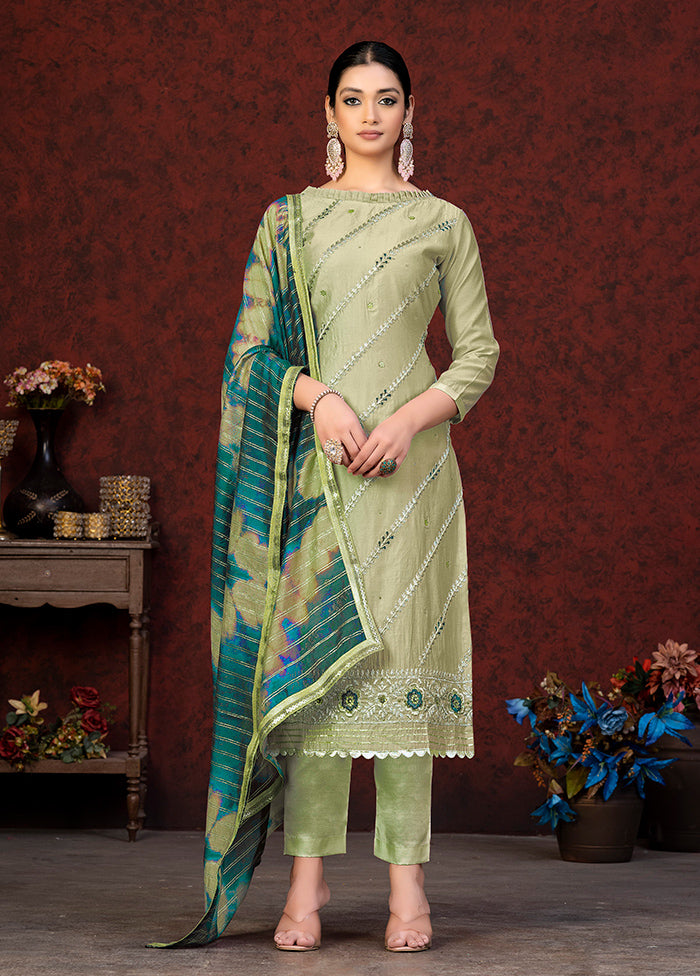 3 Pc Pista Green Semi Stitched Chanderi Suit Set - Indian Silk House Agencies