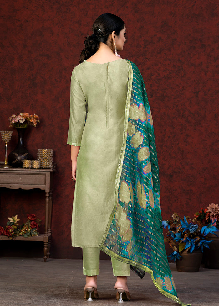 3 Pc Pista Green Semi Stitched Chanderi Suit Set - Indian Silk House Agencies