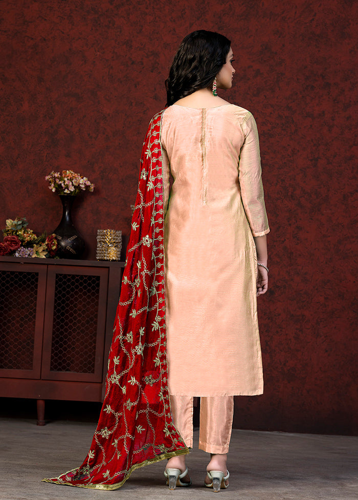 3 Pc Peach Semi Stitched Chanderi Suit Set - Indian Silk House Agencies