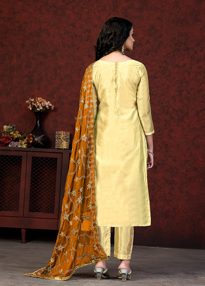 3 Pc Yellow Semi Stitched Chanderi Suit Set - Indian Silk House Agencies
