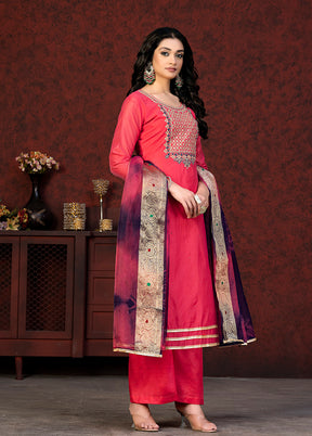 3 Pc Pink Semi Stitched Chanderi Suit Set - Indian Silk House Agencies