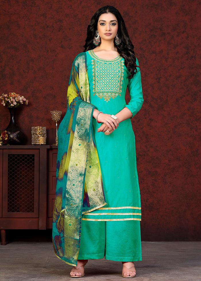 3 Pc Sea Green Semi Stitched Chanderi Suit Set - Indian Silk House Agencies