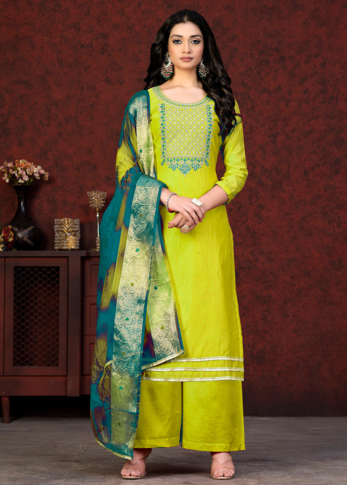 3 Pc Green Semi Stitched Chanderi Suit Set - Indian Silk House Agencies